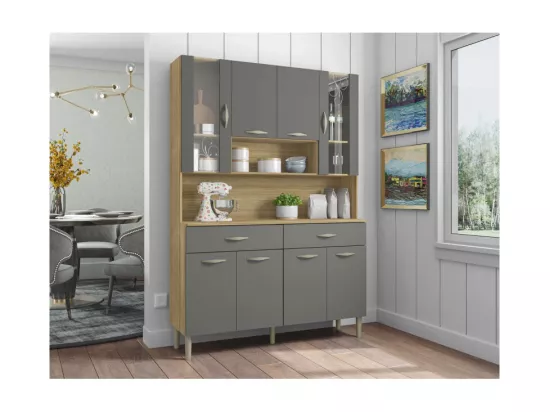 Buffet de Cuisine 8 Portes 2 Tiroirs Chêne et Gris L 121.4 H 173.5 P 36.3 cm