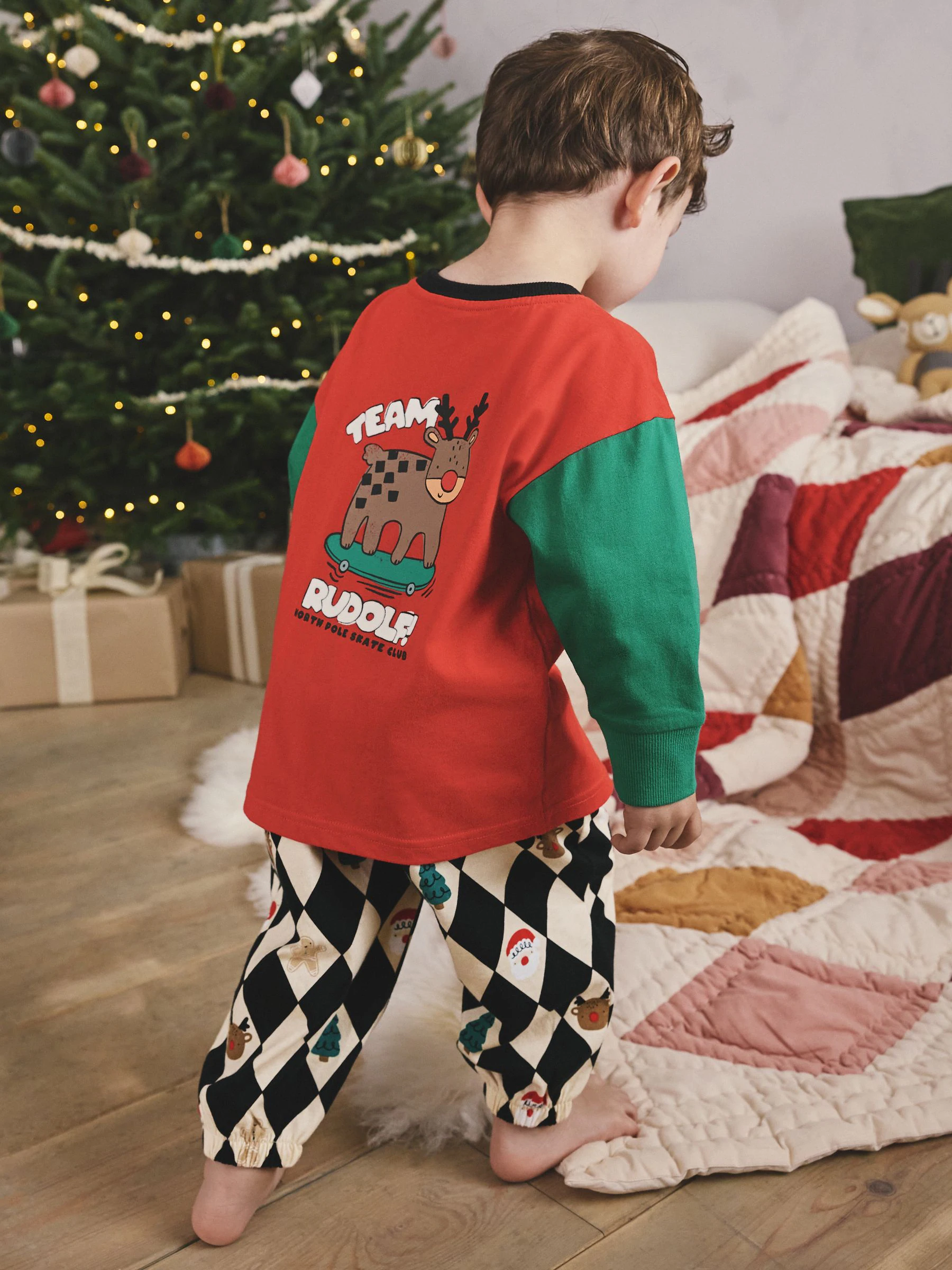 Rood/groen Harlequin - Enkele kerstpyjama (9mnd-12jr)