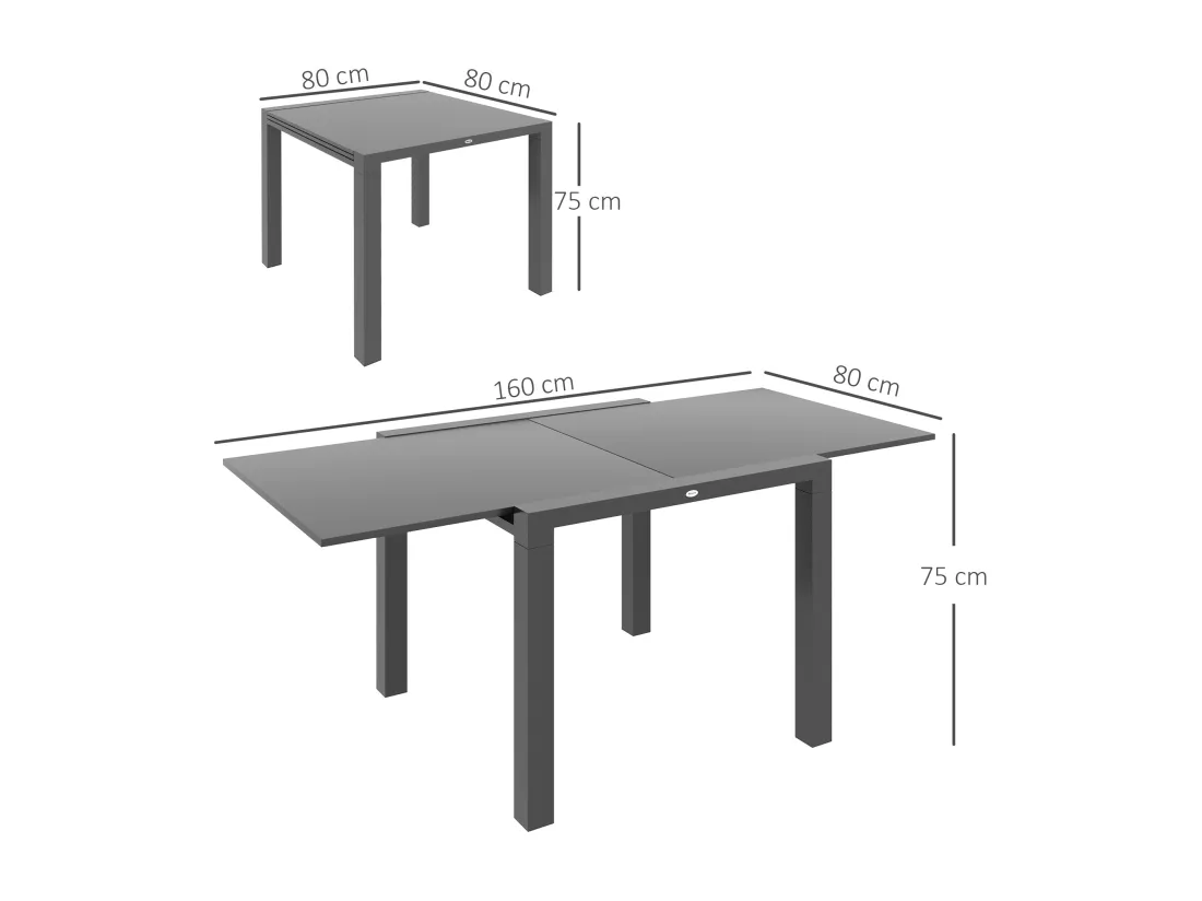 Table de jardin rectangulaire extensible 6 pers. alu métal dim. 80/160L x 80l x 75H cm gris