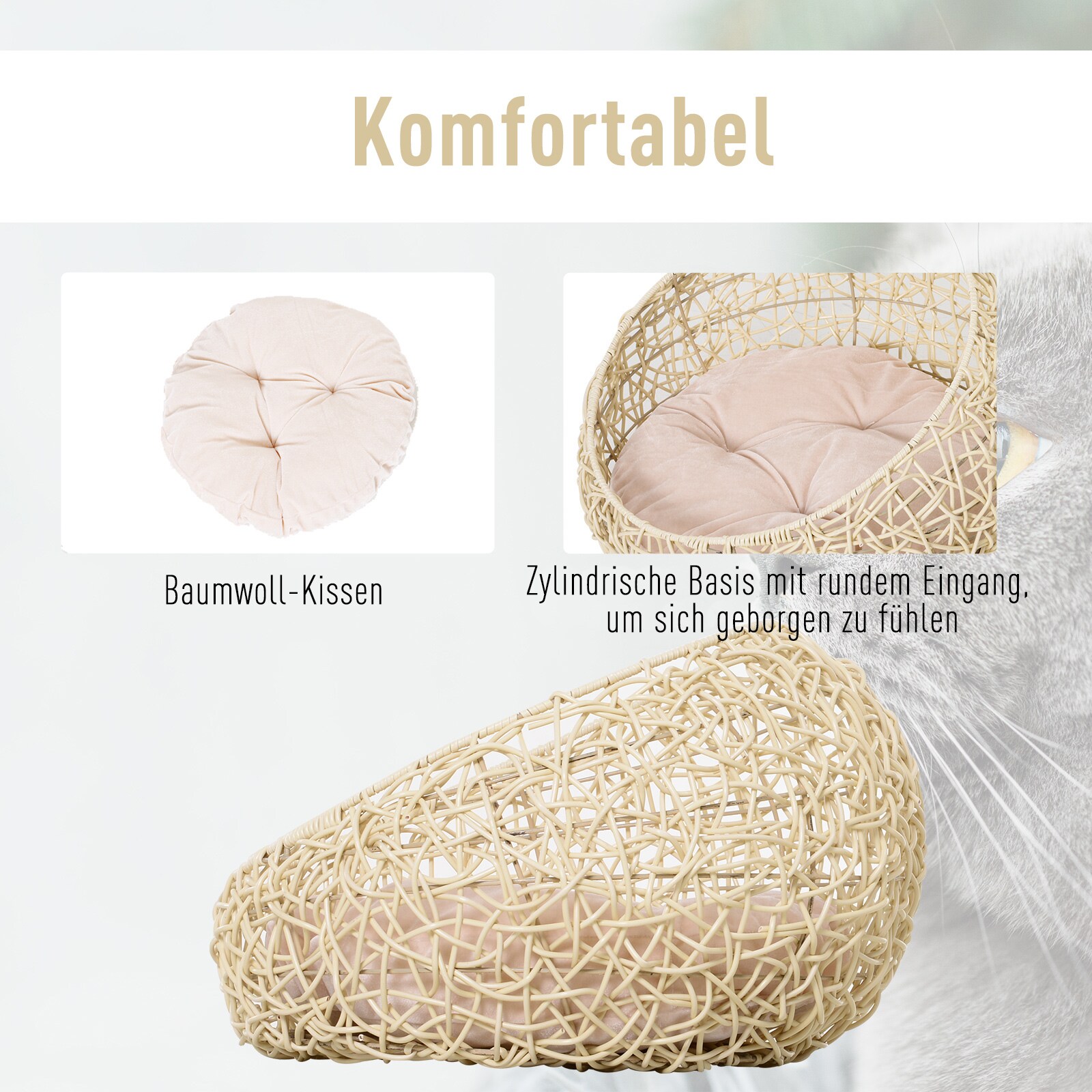 PawHut Katzenbett mit Kissen beige 56 x 35 cm (ØxH)