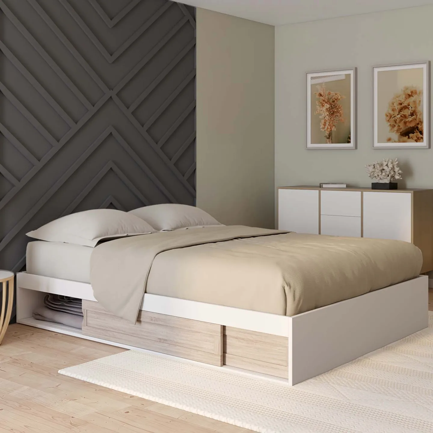 Cadre de lit double SALEM avec rangements et sommier 140 x 190 cm blanc et façon hêtre