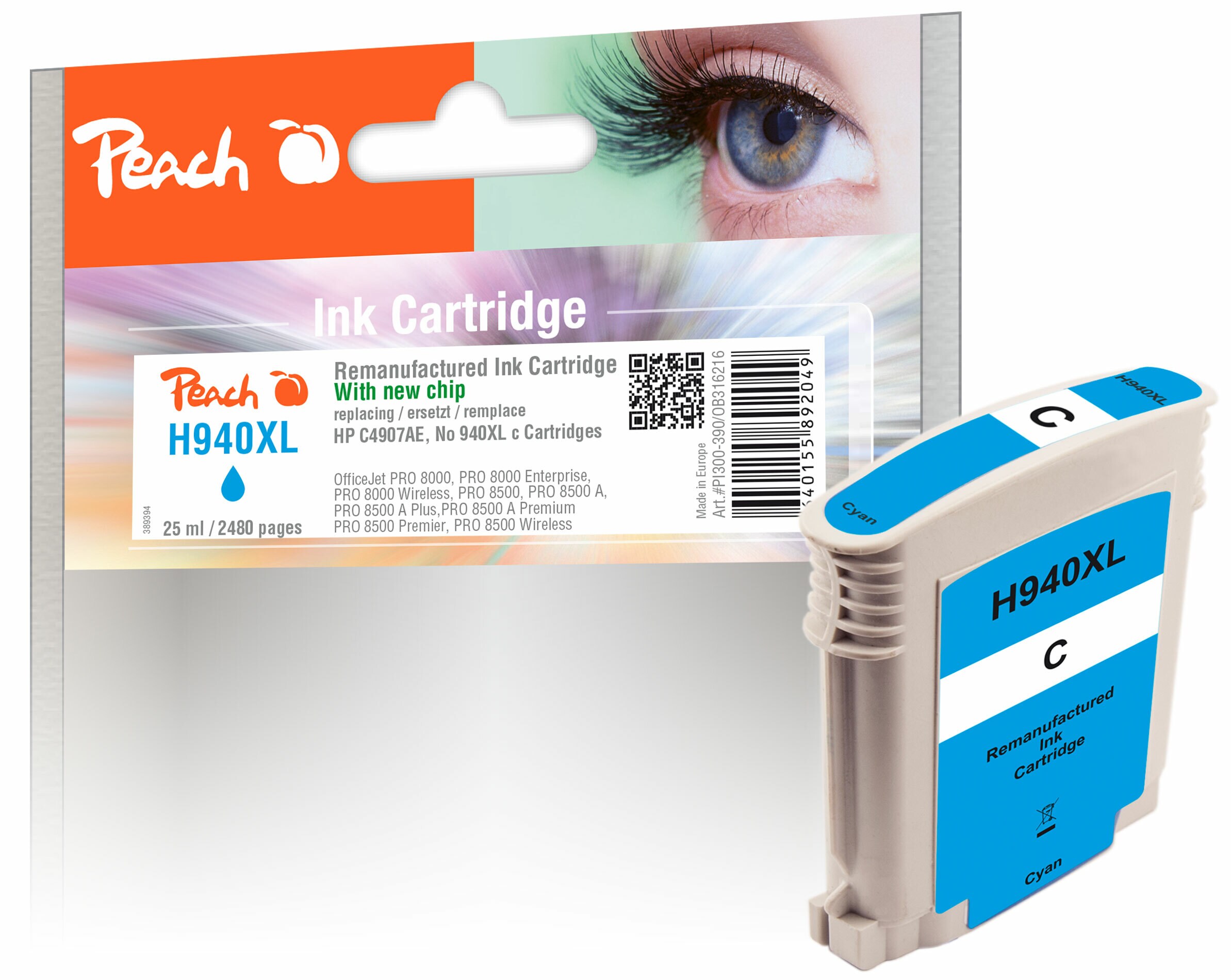 Peach HP 940 XLc Druckerpatrone XL cy ersetzt HP No. 940XL c, C4907AE für z.B. HP OfficeJet Pro 8000, HP OfficeJet Pro 8000 Enterprise (wiederaufbereitet)