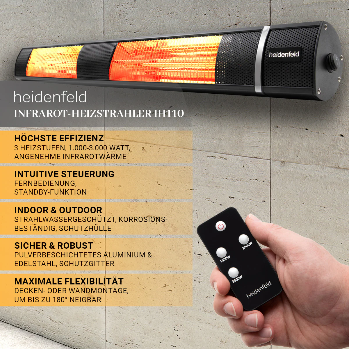 Heidenfeld Infrarot-Heizstrahler IH110, 1000-3000 Watt, Fernbedienung, Schutzhülle, 180° neigbar