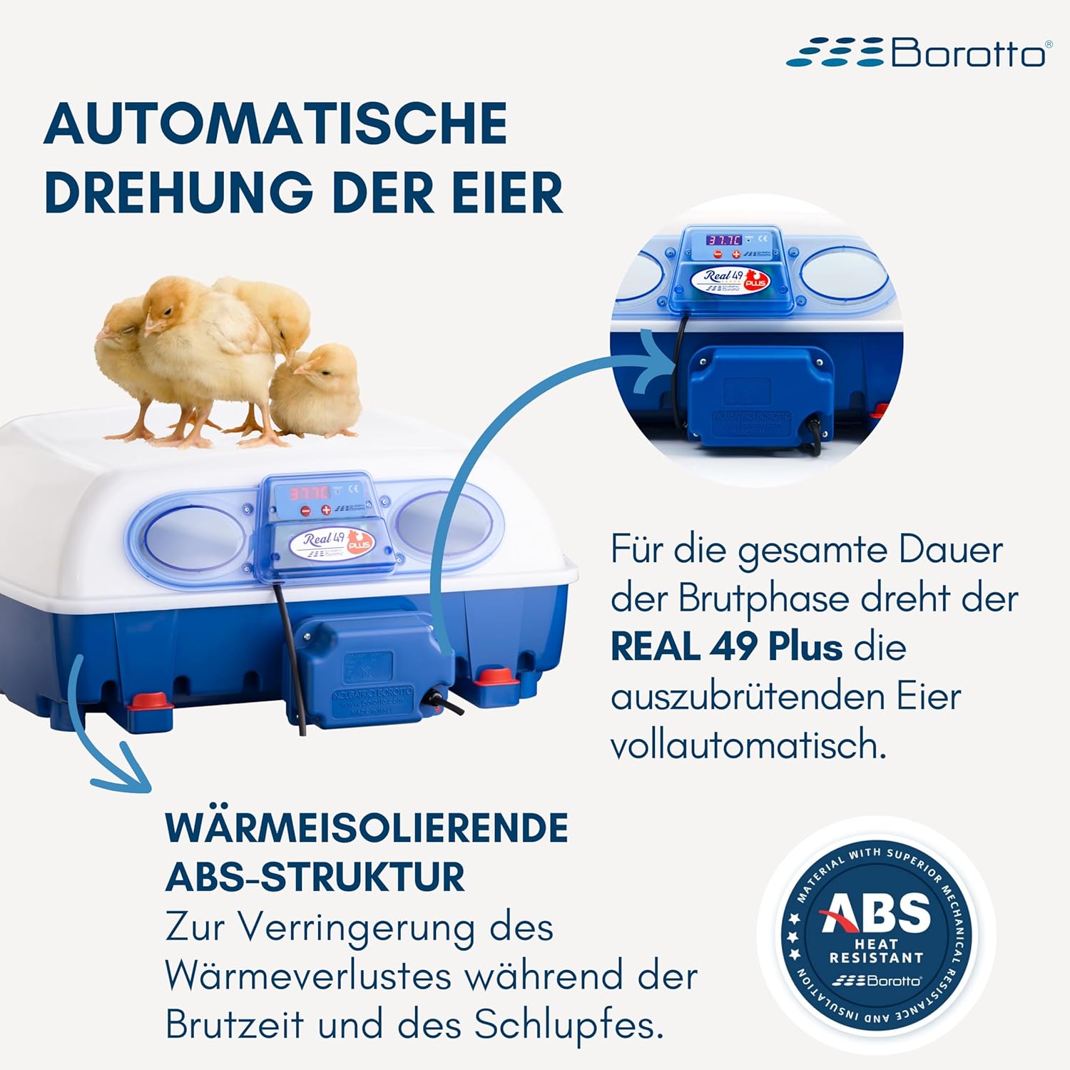 Borotto Real 49 Plus Expert | Brutautomat Vollautomatisch Professionelle für 49 oder 196 Kleine Eier mit Automatische Eierwender, Antibakterielles System, Luftbefeuchter Sirio | Hergestellt in Italien