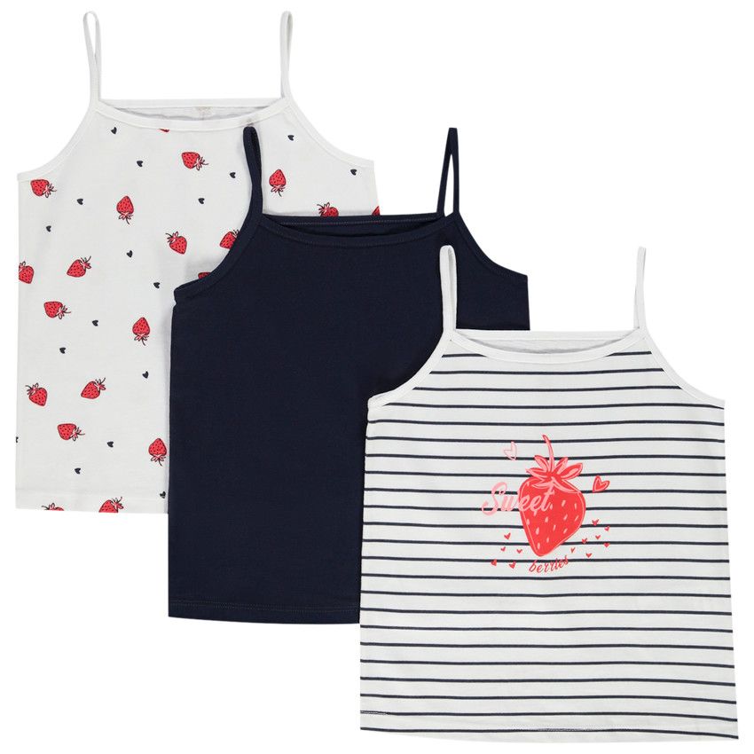 Lot de 3 débardeurs motifs fantaisie fraise pour fille - Bleu marine