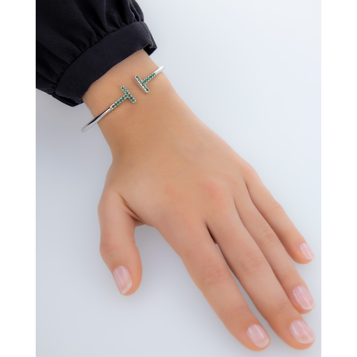 Bracelet Élégant en Emeraude Forme Ronde et Argent 925