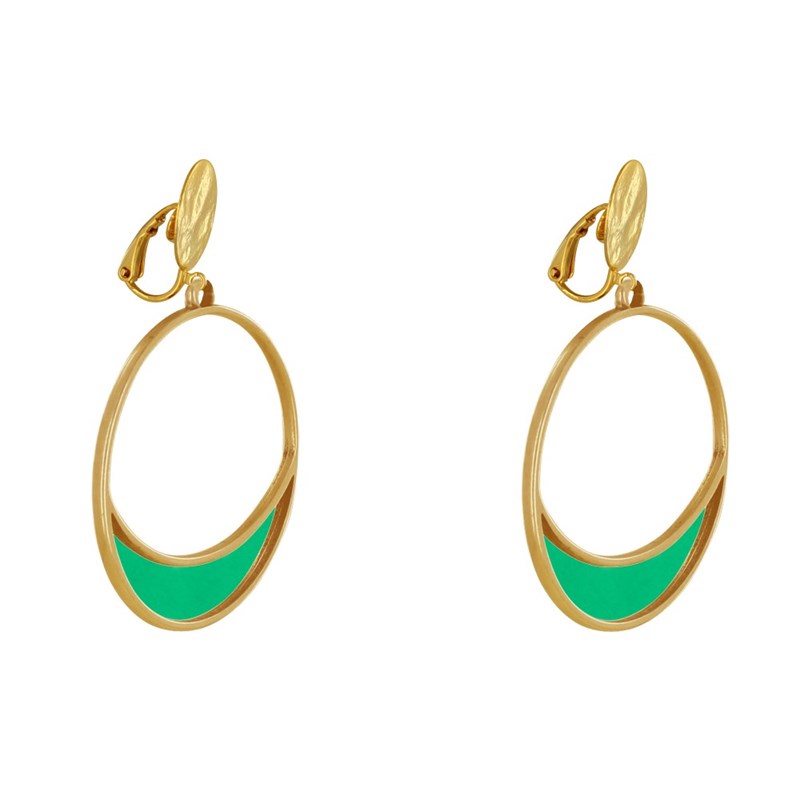 Boucles d'Oreilles Clip Métal Doré Cercle et Croissant de Lune Translucide Coloré