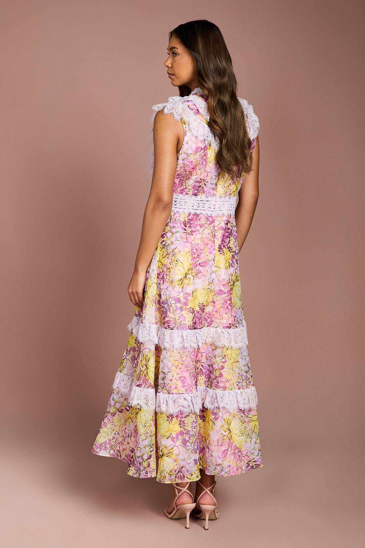 Coast Robe Mi-longue en Georgette Imprimée avec Finitions en Dentelle