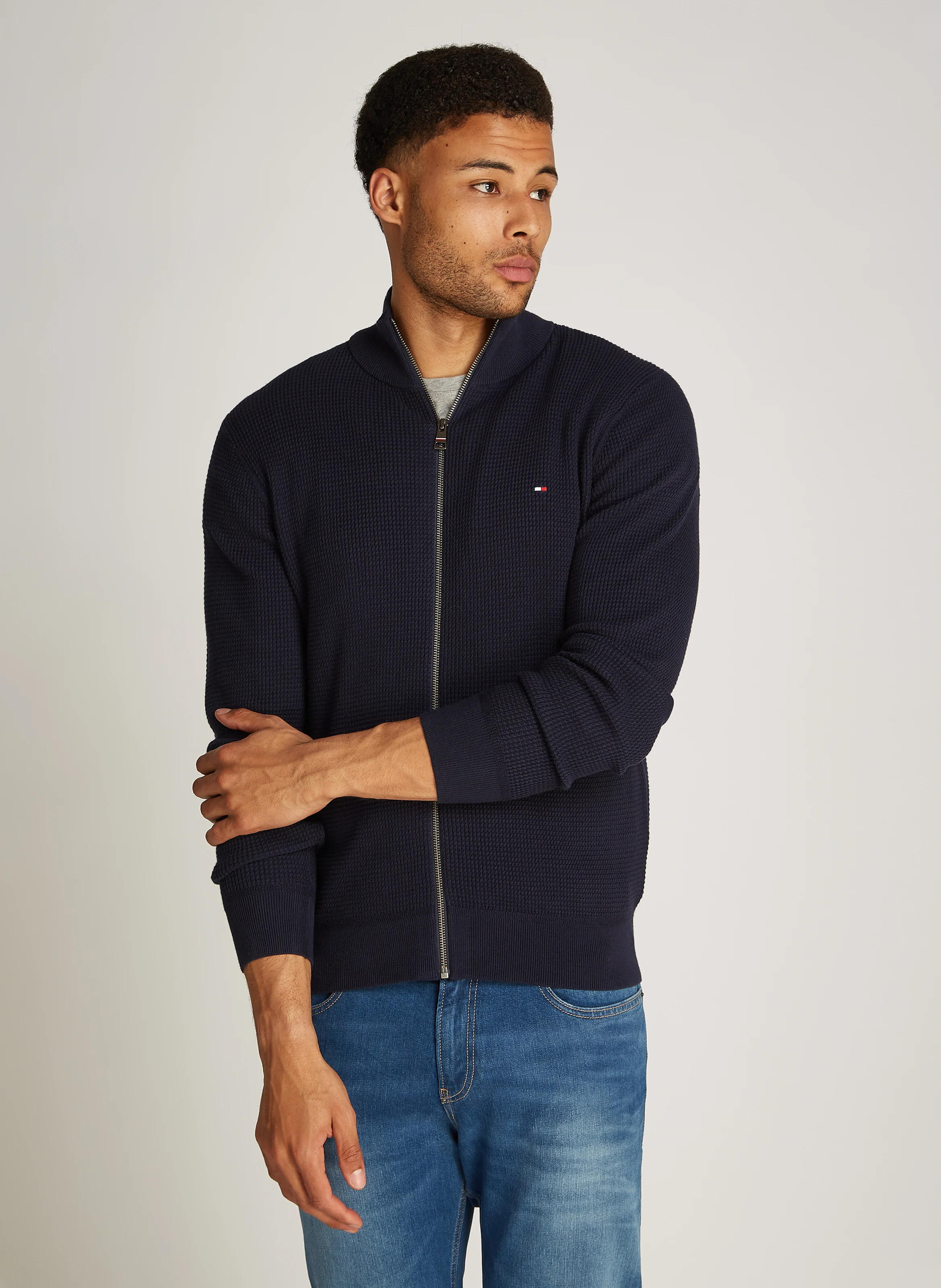 Gilet droit col montant en coton organique | Bleu