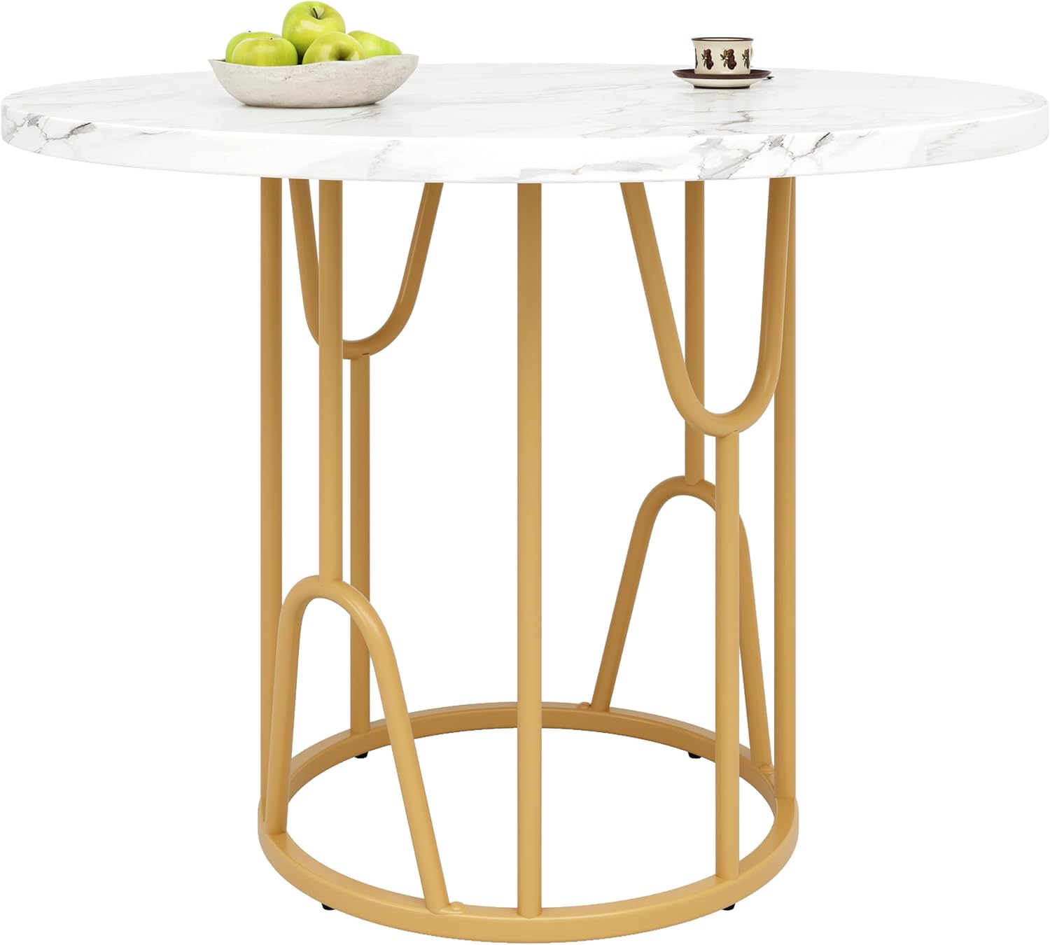 Runder Esstisch 80cm weiß mit Marmoroptik und goldfarbenen Metallbeinen, Küchentisch & Esszimmertisch für 4-6 Personen, moderner runder Tisch mit stabilem Design