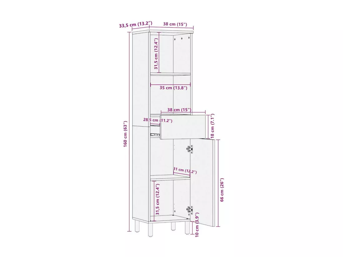 Armoire de salle de bain 38x33,5x160 cm bois massif de manguier