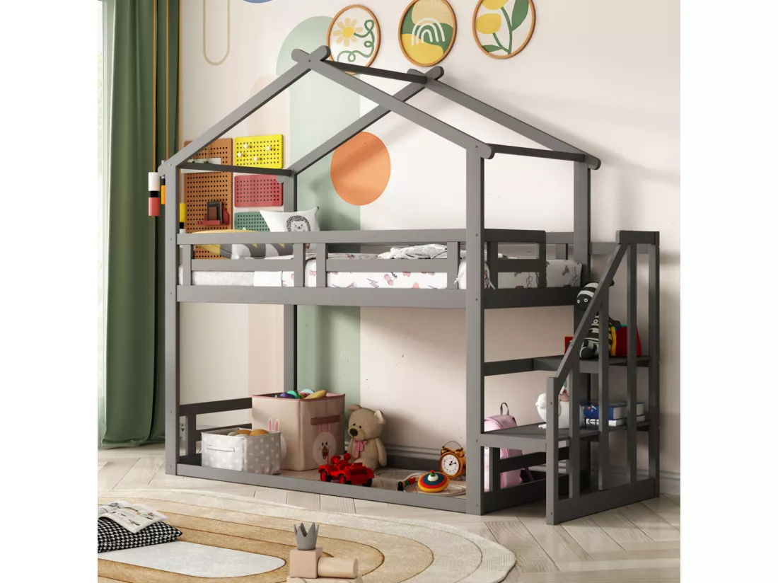 Lit superposé d'enfant 90x200cm - lit cabane avec escalier de sécurité, cadre de lit en bois massif avec sommier à lattes - gris