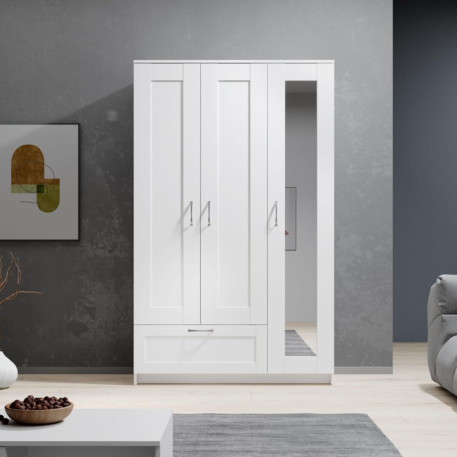 Stella Trading LEPINI Kleiderschrank mit Spiegeltür in Weiß - Vielseitiger Drehtürenschrank 3-türig für Ihr Schlafzimmer - 117 x 191 x 50 cm (B/H/T)
