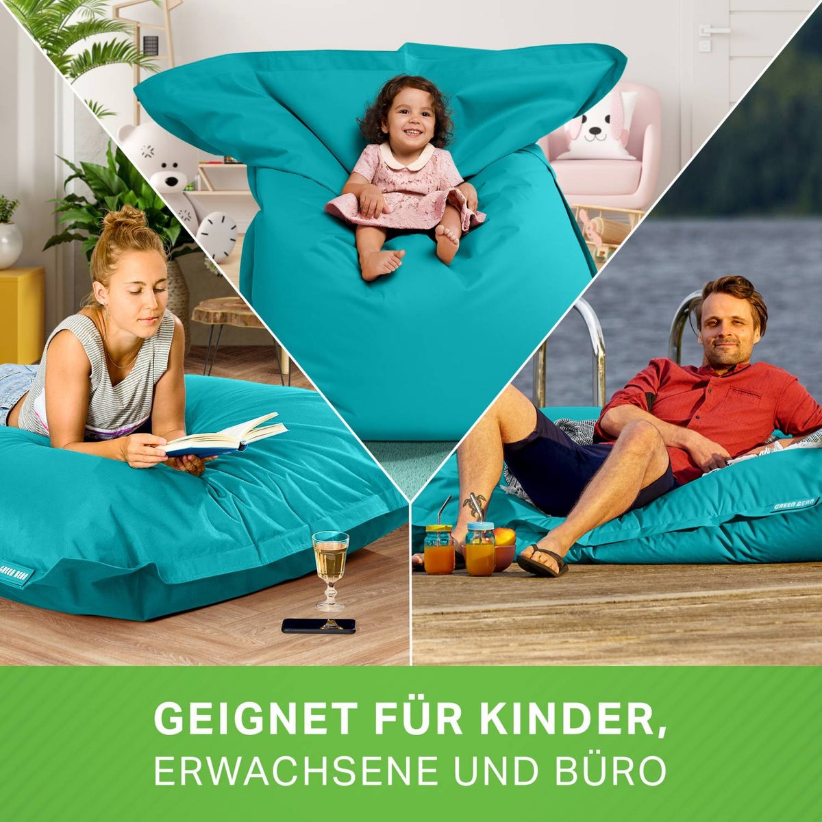 Green Bean Zitzak XXL 140x180cm 380 liter Kinderen & Volwassenen Zitzak EPS-korrelvulling Grote Zitzak Grote Buitenligstoel Wasbaar Weerbestendig Zitkussen Vloerkussen Turquoise