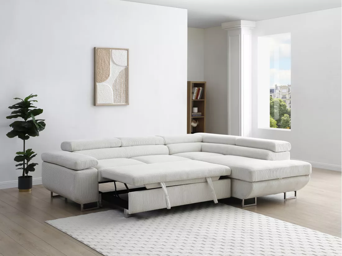Canapé d'angle droit convertible en velours côtelé beige NURAZIO