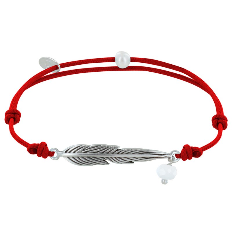 Bracelet Lien Plume Laiton Argenté et Perle Facettée - Rouge