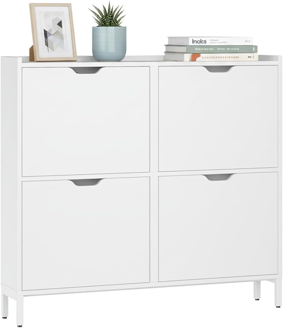Bellamio Ceyhan Schuhschrank mit 4 Klappen – Schuhkipper weiß aus Holz – Schuhregal schmal 100x19x90cm – platzsparender Flurschrank mit 4 geschlossenen Fächern – Schuhkommode für Flur/Garderobe
