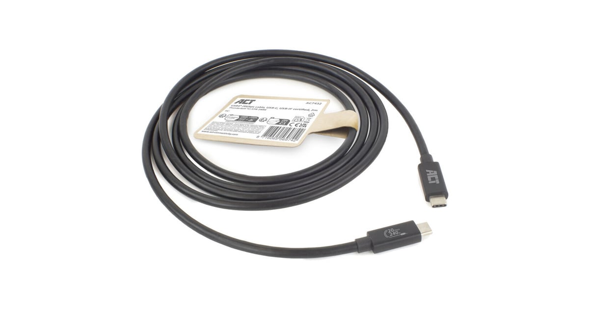 ACT ConnectivityUSB4 20Gbps 240W USB Type-C kabel, USB-IF gecertificeerd, 2 meter  (Zwart)