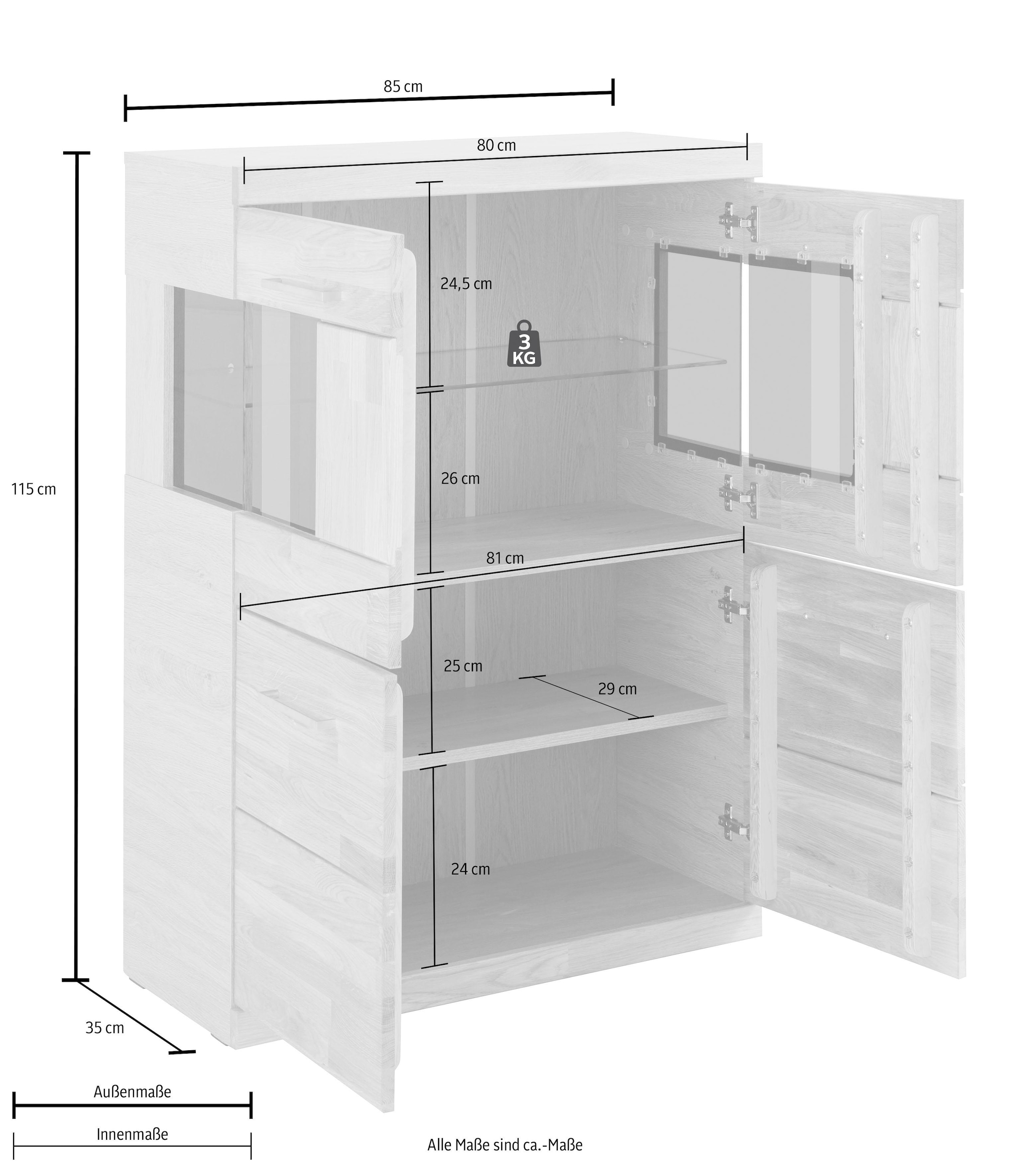 Home affaire Highboard »Ribe,85cm breit,115cm hoch, Fronten Massivholz,4 breite Fächer« Korpus Holzwerkstoff,2Türen mit  Glaseinsatz, Böden versetzbar