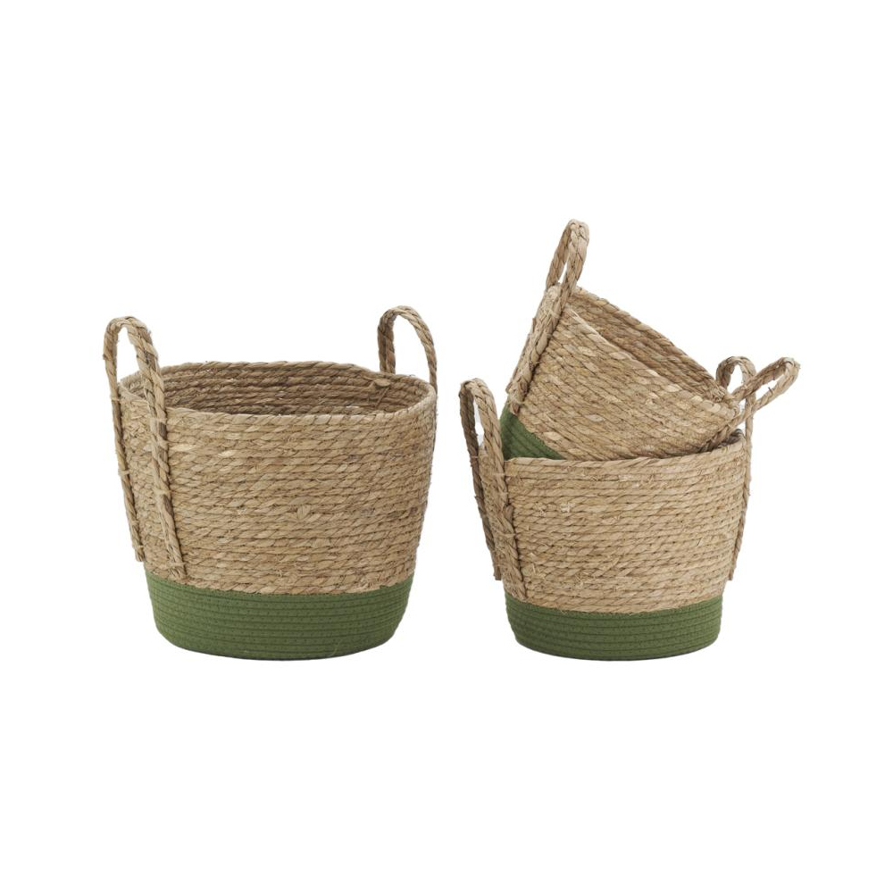 Cache-pots en jonc naturel et coton vert (lot de 3)
