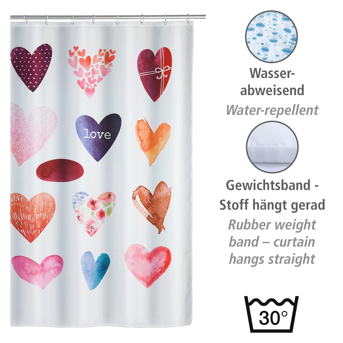 Wenko douchegordijn 180x200cm Love inclusief ringen