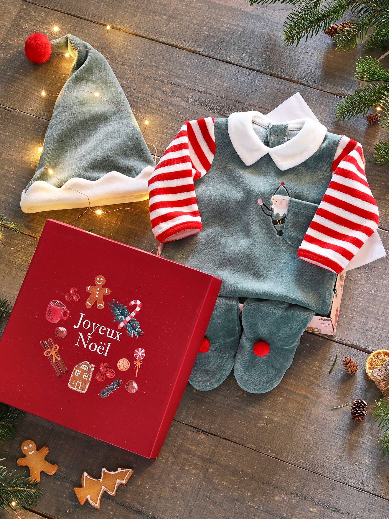 Conjunto de pijama de Natal unissex para bebê + gorro verde liso tamanho médio com estampas