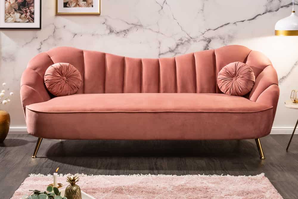Retro 3-Sitzer Sofa ARIELLE 220cm altrosa Samt goldene Metallfüße Ziersteppung