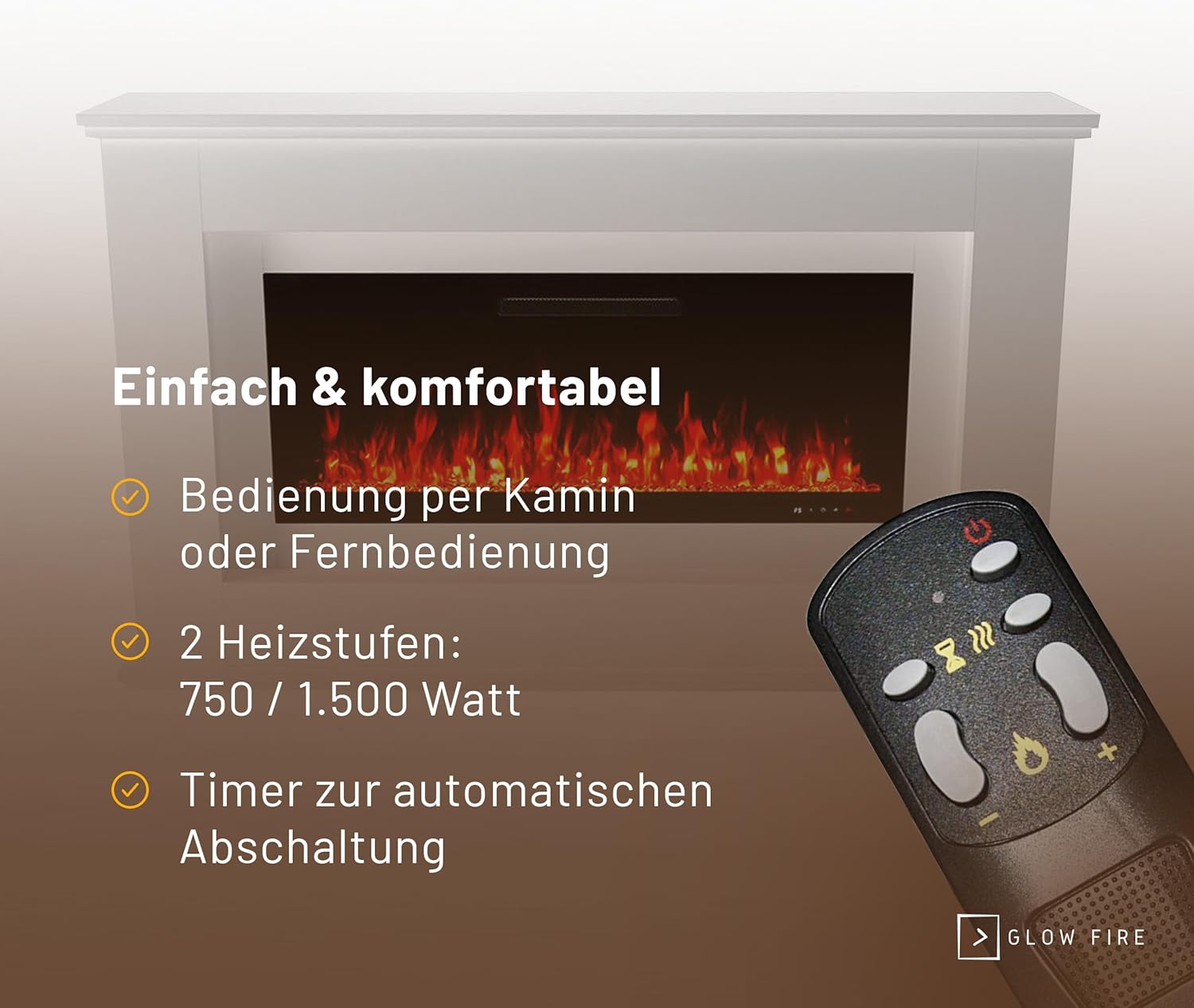 GLOW FIRE Elektrokamin mit Heizung und Kaminfeuer (Standkamin Rhea) - elektrischer Kamin mit LED-Feuer in 5 Farben, Heizlüfter, Deko & Fernbedienung - 158x97x33 cm, Weiß