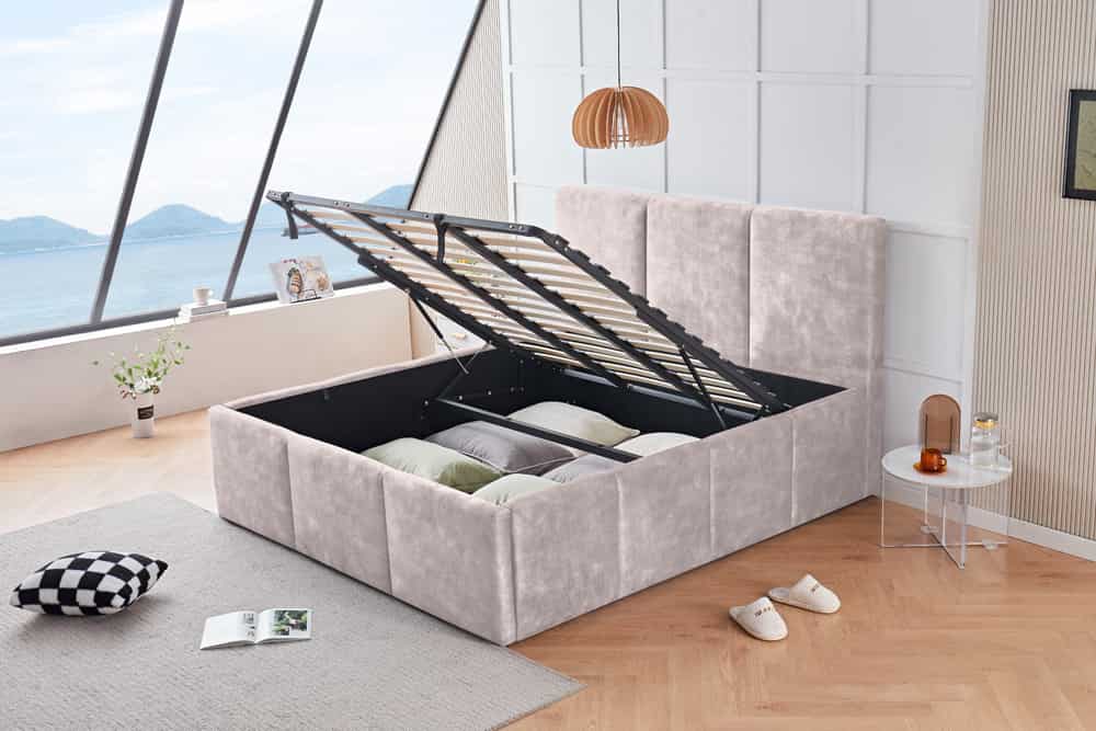 Modernes Boxbett ATELIER 180x200cm champagner beige Samt mit Lattenrost und Stauraum