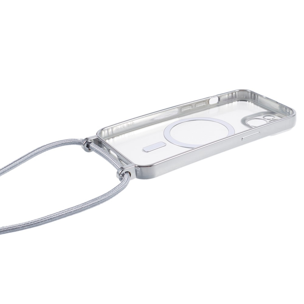 iPhone 15 MagSafe Necklace Gummi Case Hülle Galvanisierter Rahmen mit Handykette (160cm)   Kameraschutz - Silber / Transparent