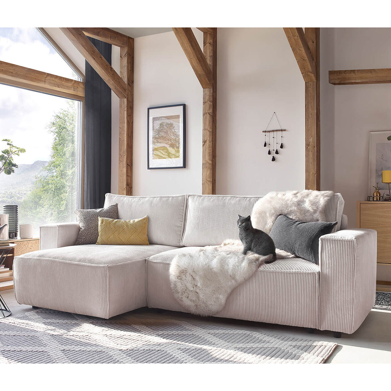 Bobochic Canapé d'angle convertible reversible Nihad en velours côtelé beige - 282x153 cm