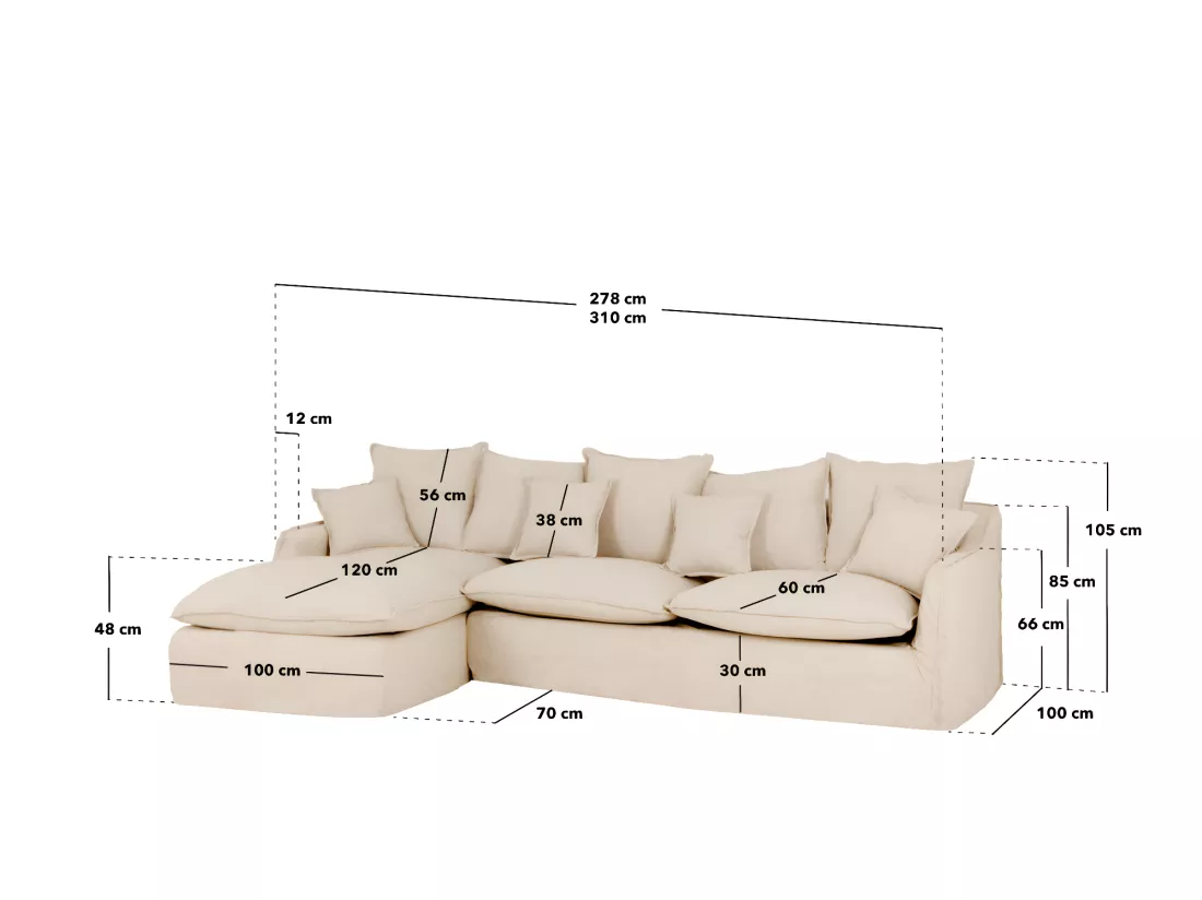 Canapé 3 places d'angle gauche en coton et lin déhoussable beige