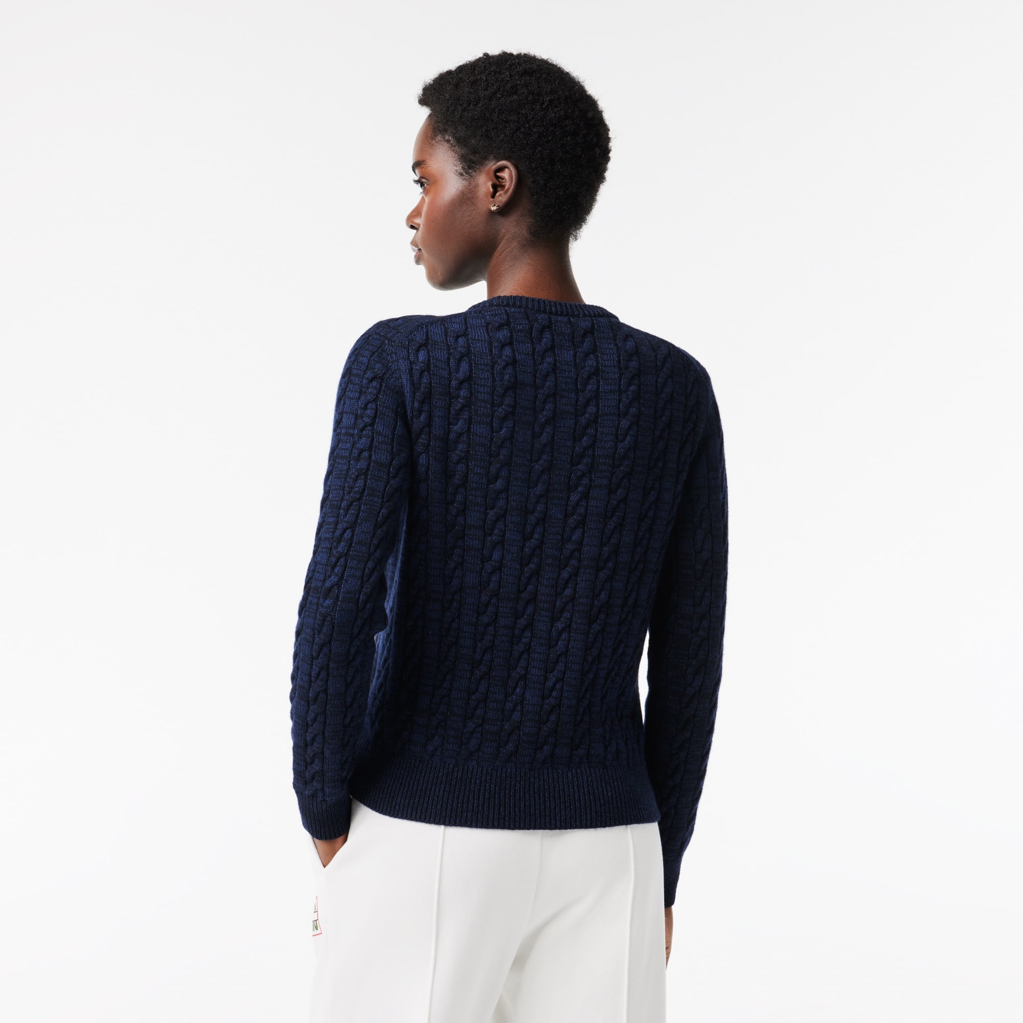 Pull à torsades moulinées en laine et coton Pullovers - Bleu - Lacoste - Femme