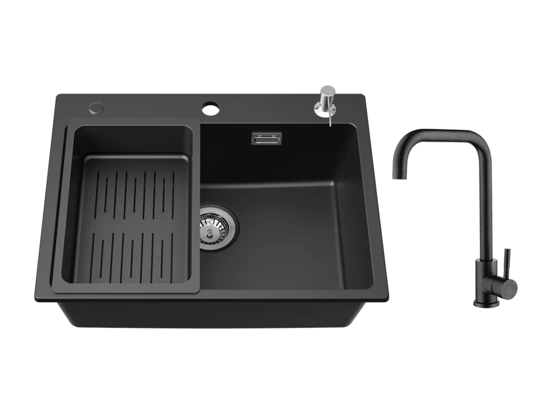 Noir Evier en Quartz et Résine avec Panier de Vidange et Distributeur de Savon 60*45*20cm + Mitigeur de Cuisine en Inox Noir étoilé