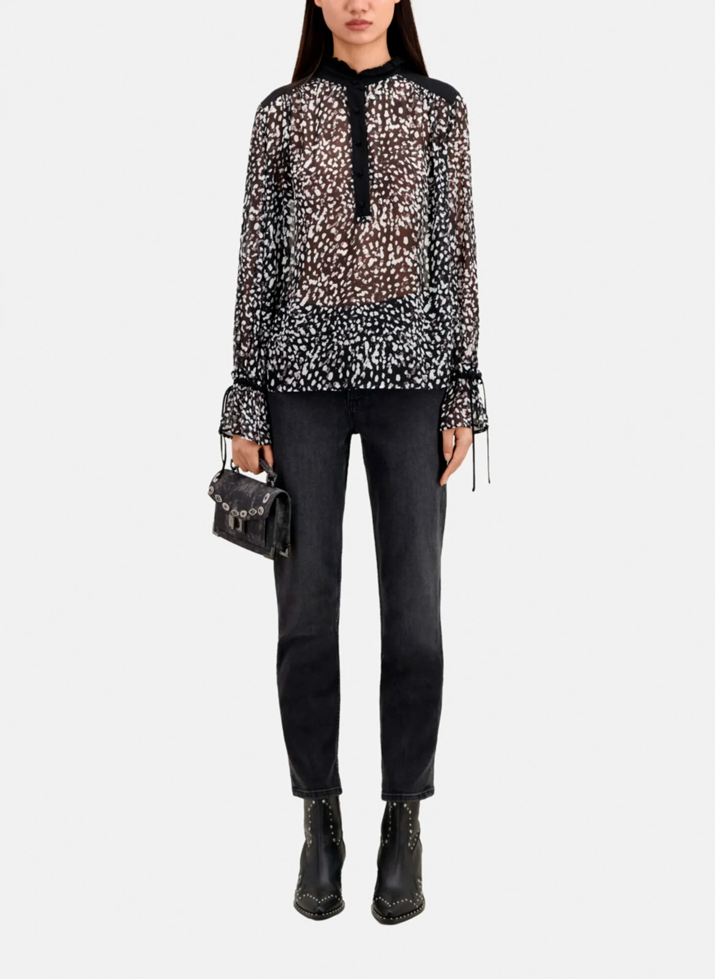Blouse col montant imprimée| Noir