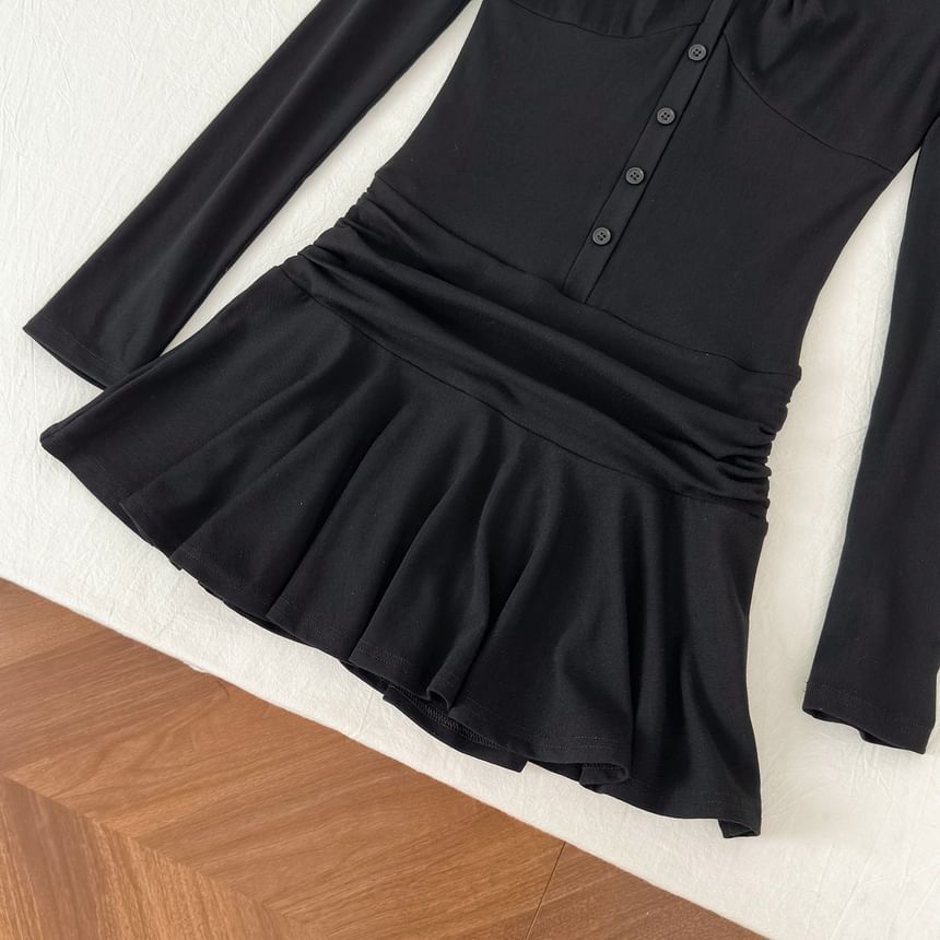 resinling - Set: Lange mouwen V-hals effen mini A-lijn jurk met knopen + kanten rand cami top