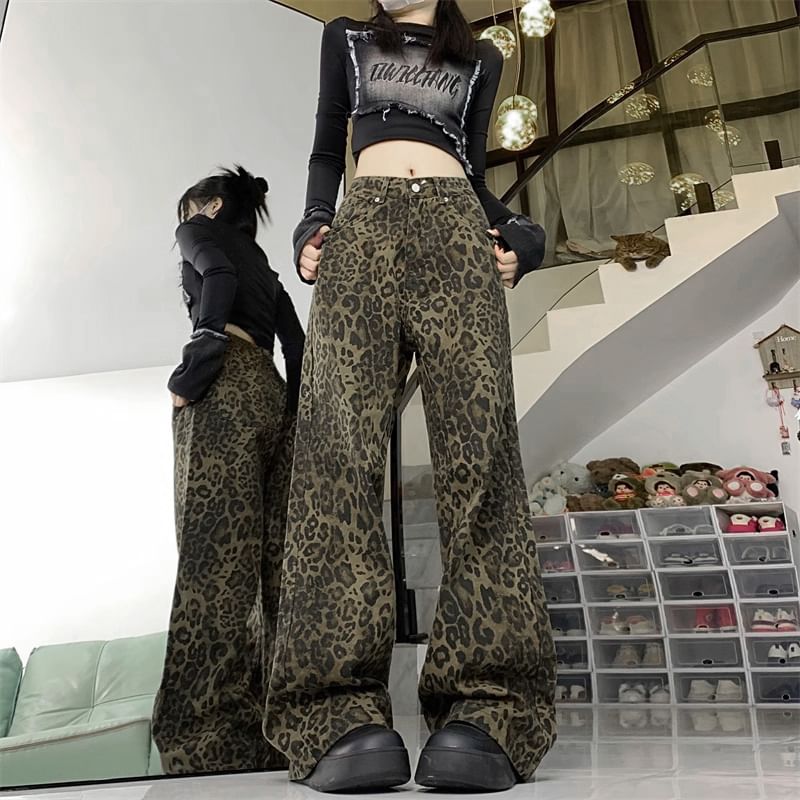 Saccharine - Mid Rise Leopard Print Wijde Broek