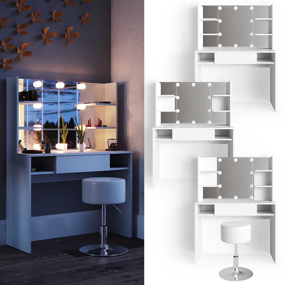 VICCO LED Schminktisch DAENERYS Weiß Frisiertisch Frisierkommode Spiegel Hocker