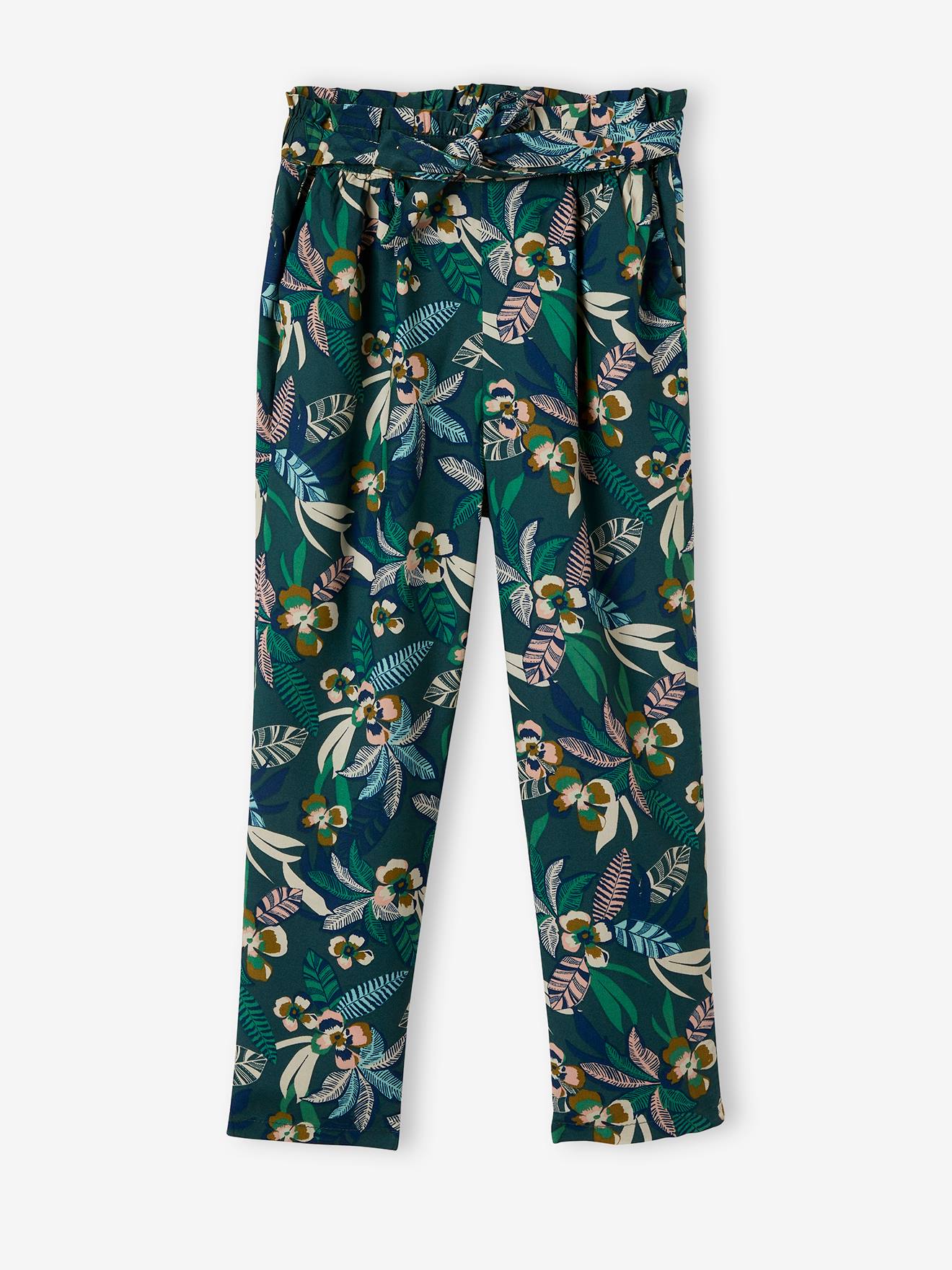 Calças cropped fluidas com estampa floral, para meninas, estampa verde escura.