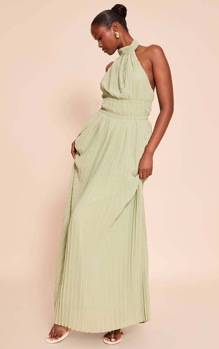 Vert Sauge Robe Longue Plissée Sans Manches À Col Montant Effet Spectaculaire
