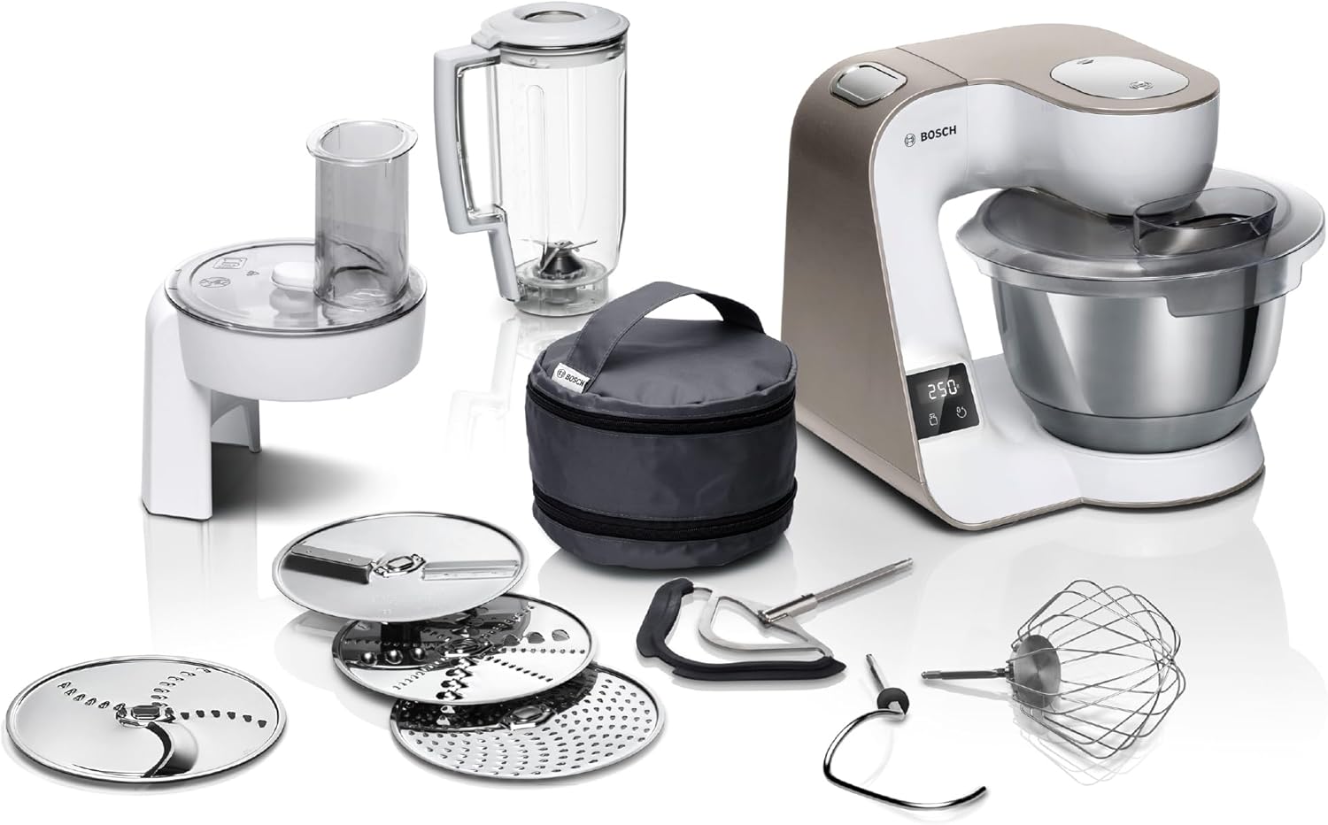 Bosch Küchenmaschine Serie 4 MUM5XW20, Edelstahl-Schüssel 3,9 L & Rührschüssel MUZ5KR1, 3,9 Liter, max. Teigmenge 2,7 kg, spülmaschinengeeignet, weiß, passend für Küchenmaschine Serie 4