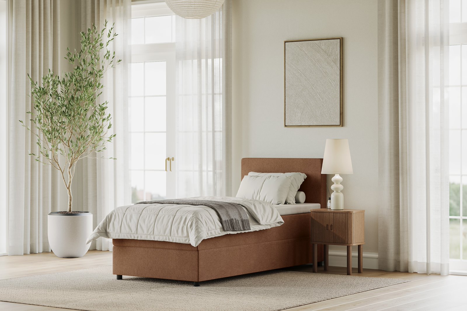 Premium 10 oppbevaringsseng 120x200 cm Magasinseng med oppbevaring, åpnes fra siden. I tekstil storm 54 tan, med fast fasthetsgrad og premium 10 overmadrass,sorte ben. Sengegavl selges separat.