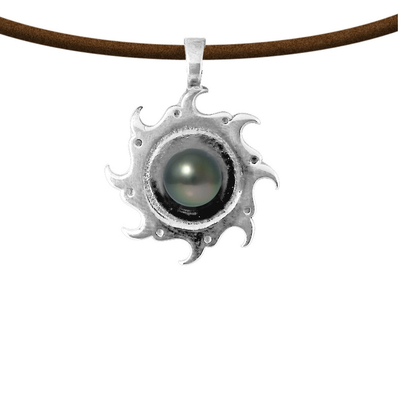 Collier Pendentif Homme Soleil Tribal en Cuir, Perle de Tahiti et Argent Massif 925