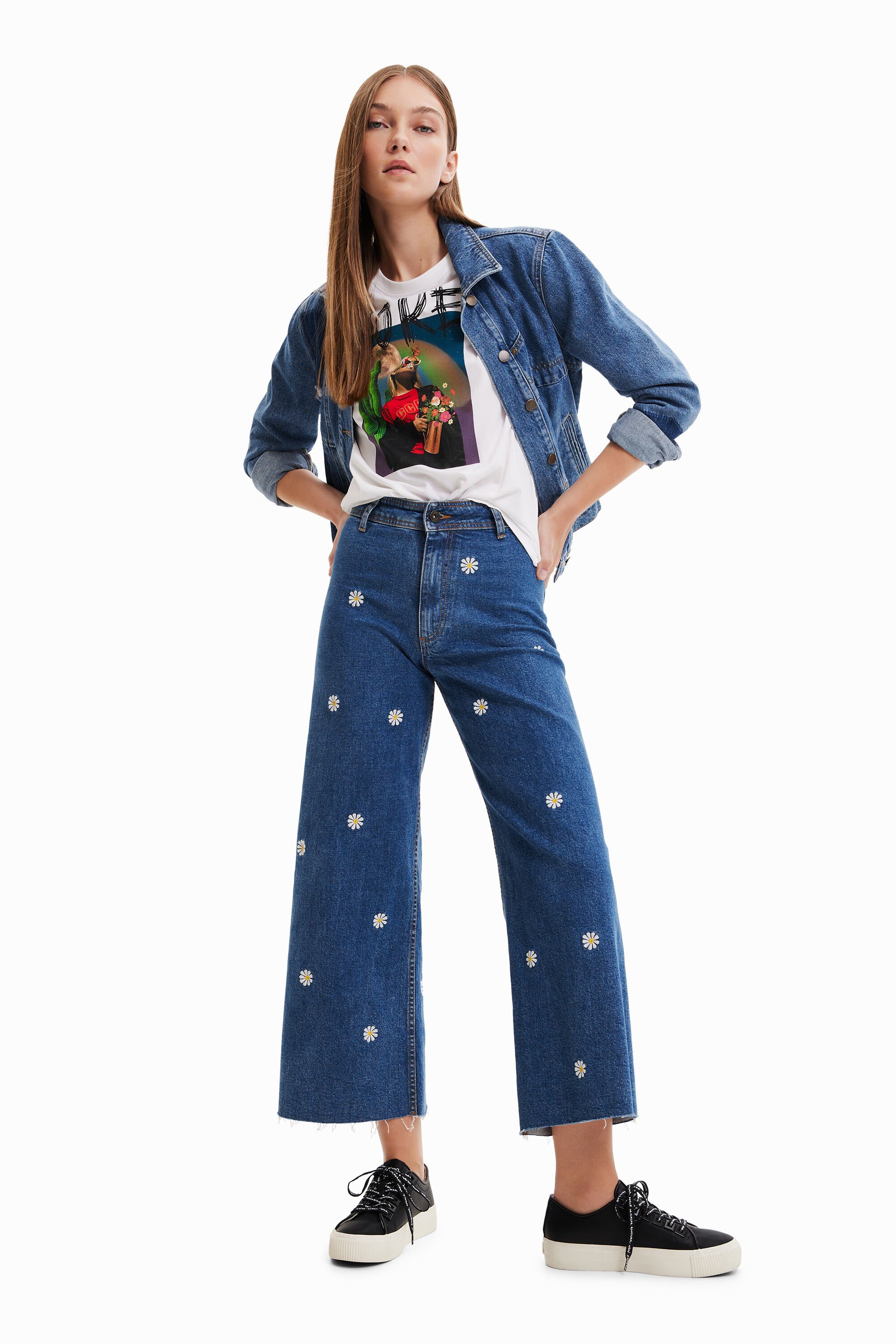 Jupe-culotte en jean marguerites