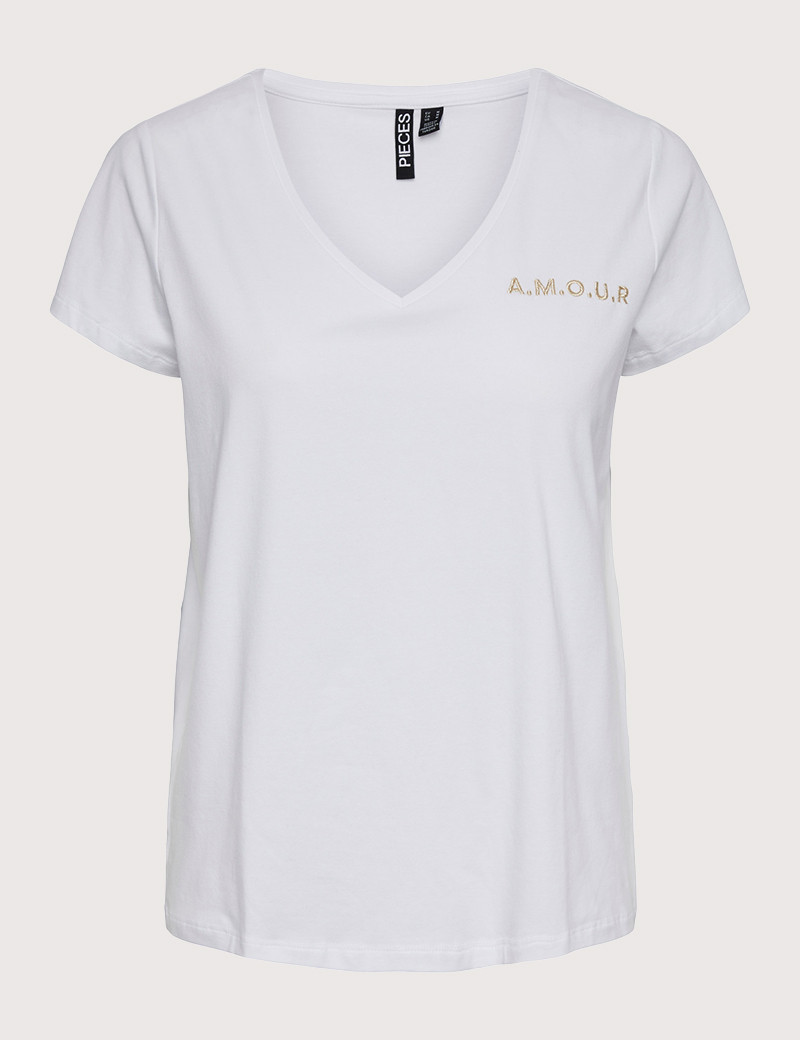 PIECES T-SHIRT MANCHES COURTES COL V LOGO COEUR AMOUR BLANC