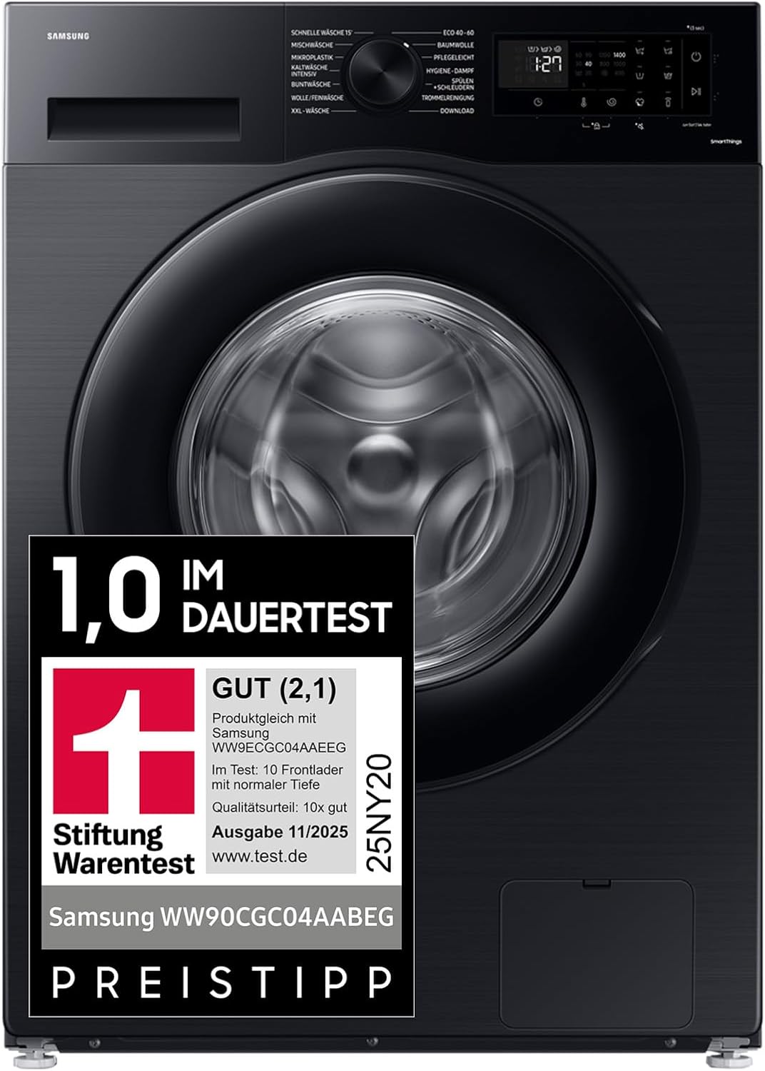 Samsung Waschmaschine, 9 kg, 1.400 U/min, EEK: A, Mikroplastik-Programm, Ecobubble, 14 Programme, WiFi SmartControl, Schwarz, WW90CGC04AABEG