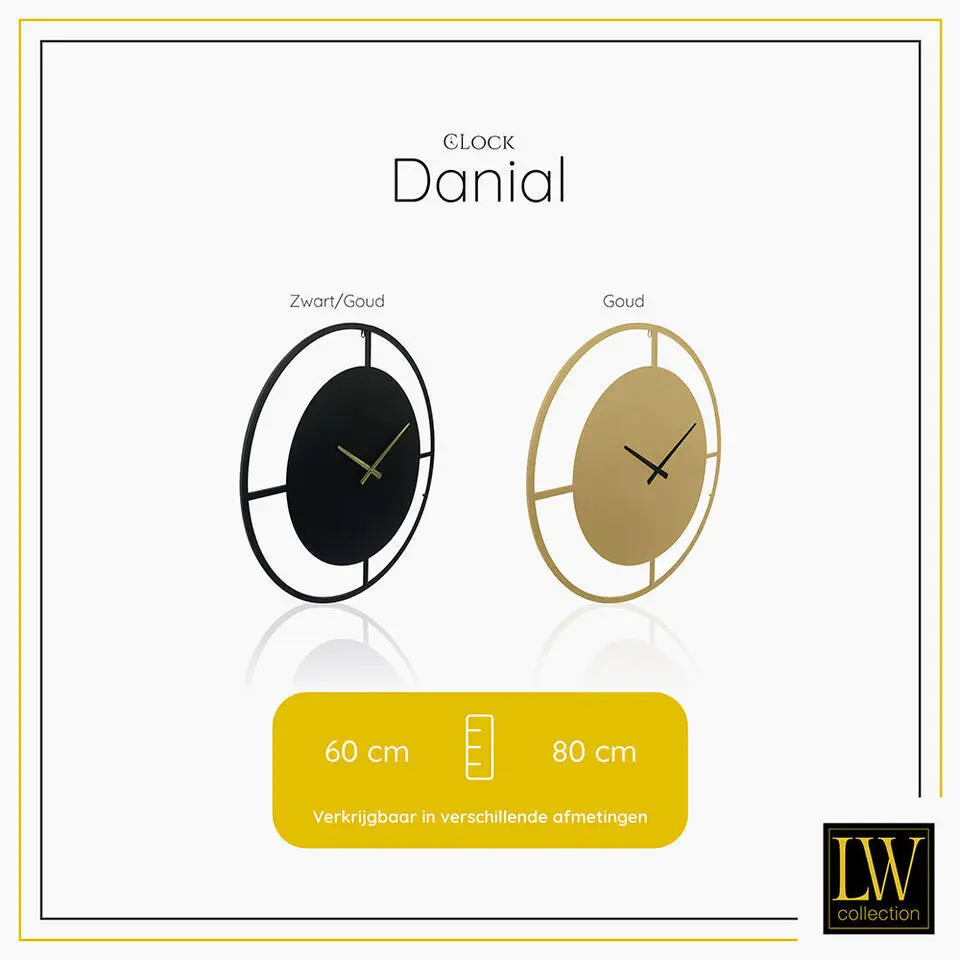 LW Collection Wandklok Danial zwart goud 60cm
