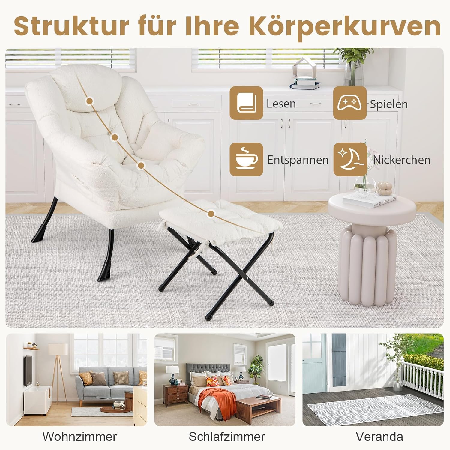 COSTWAY Sessel mit Hocker, Relaxsessel mit Armlehnen, Seitentasche & Fußstütze, Loungesessel, Fernsehsessel, gepolsterter Ohrensessel für Wohnzimmer, Schlafzimmer, Büro (Beige)