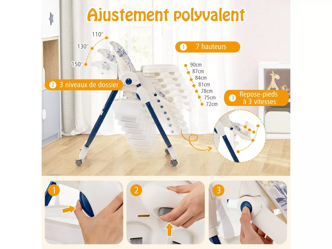 Chaise Haute Bébé Convertible, Chaise Portable pour Tout-Petits avec Double Plateau, Siège Enfant avec Hauteur/Dossier/Repose-Pieds Réglables, Roue Verrouillable, de 6 à 36 Mois (Bleu Marine)