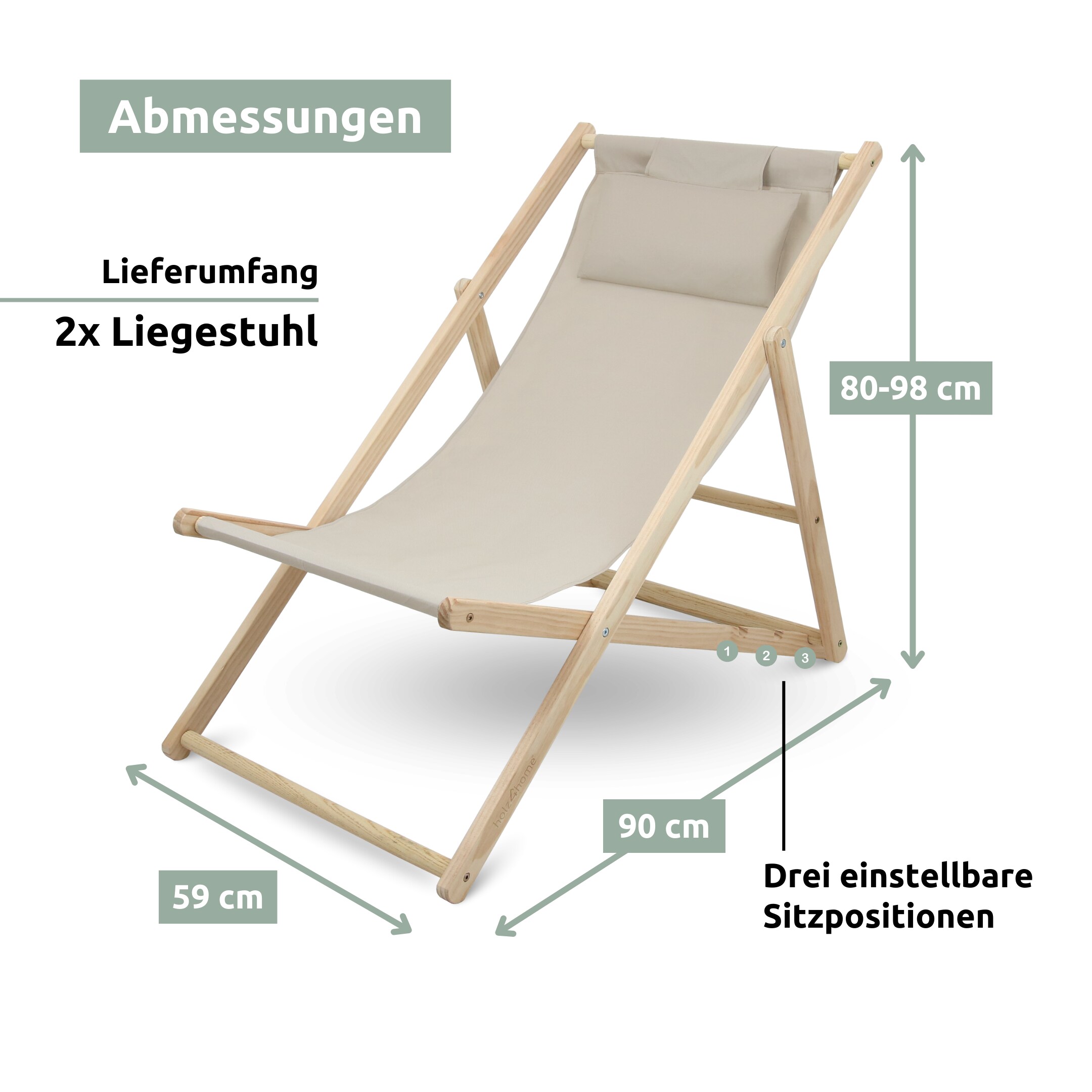 holz4home® 2er Set Liegestuhl aus Holz klappbar | Creme